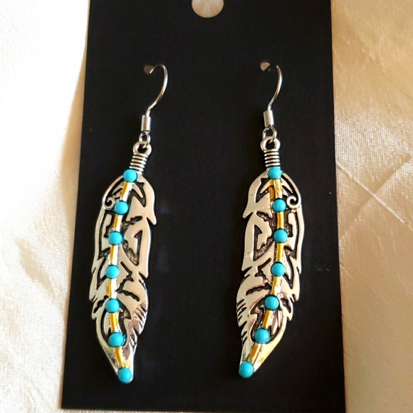 Boho Gypsy Sisters Jewelry - Turquoise FEATHER Bohemian EARRINGS EP